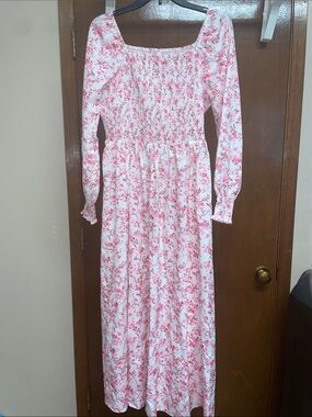 Pink Floral Long-Sleeve Smocked Maxi Dress